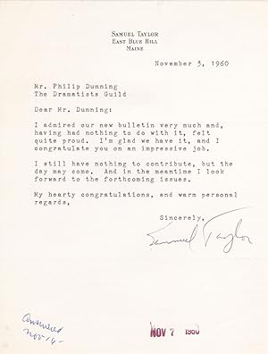 TYPED LETTER SIGNED BY BROADWAY PLAYWRIGHT AND HOLLYWOOD SCREENWRITER OF VERTIGO, SAMUEL TAYLOR.