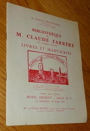 Bibliothèque de M. Claude Farrère de l'Académie française. Livres et manuscrits. Vente après décè...