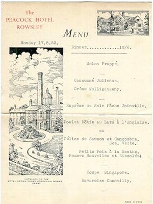 (Culinary) Rowsley. The Peacock Hotel, The Menu, 1953