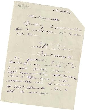 Lettre Autographe Signée de DORGELES (Roland). Chanteloup, à mademoiselle Renée DAVID. ; 1 page i...