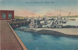 The Dock, Submarine Base, Groton, Connecticut, early linen postcard, unused