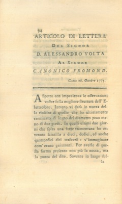 Articolo di lettera del signor Alessandro Volta al signor Canonico Fromond.