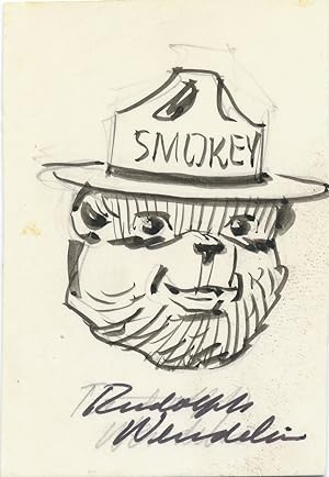 Original pen and ink SIGNED Drawing, showing the smiling face of Smokey the Bear, on a card measu...