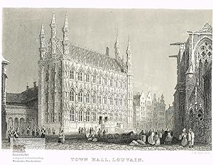 Town Hall, Louvain. Rathaus von Louvain mit vielen Personen, Marktfrauen, Soldaten und Pferdefuhr...