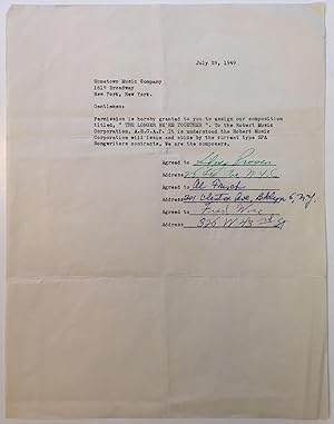 Rare signed music contract from the vaults of Hometown-Village Music