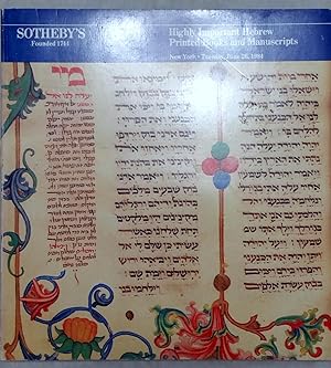Highly Important Hebrew Printed Books and Manuscripts (Sotheby's New York, Tuesday, June 26, 1984)
