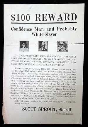 $100 Reward - Confidence Man and Probably White Slaver. C1920
