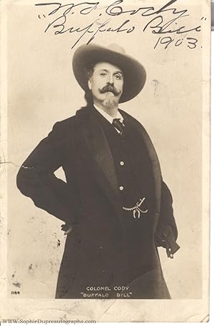 Superb postcard photo signed "W. F. Cody, 'Buffalo Bill'", and dated, (William Frederick, 1846-19...