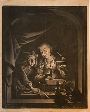 [Antique print, mezzotint] The woman with the mousetrap and a boy, by candlelight: Het muysefalle...