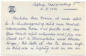 Stefan Zweig's Holograph letter to Heinrich Mann. 1920