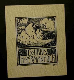 Ex Libris für H. Permaneder. Motiv: Zwei Berge mit Wolken.