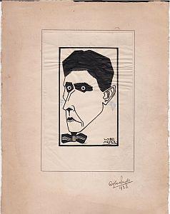 Portret van D.A.M. Binnendijk. Originele inkttekening. 14,5 x 9,4 cm. Gesigneerd 'Wybo Meyer.' Op...