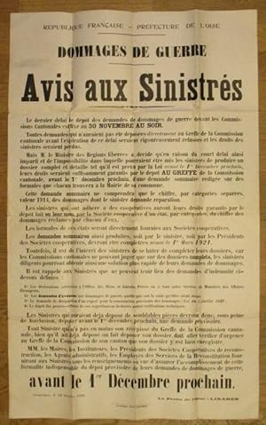 Affiche Concernant Les Demandes pour Les Dommages De Guerre (1914-1918). Avis Aux Sinistrés