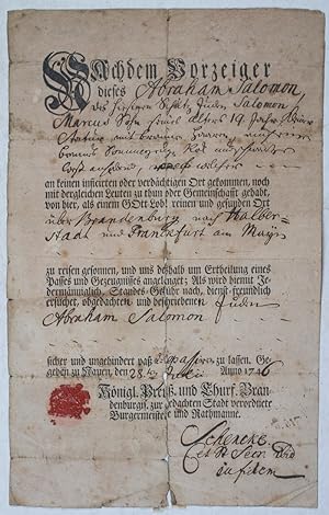 18th Century Printed and Manuscript Prussian Passport for the Jew Abraham Salomon