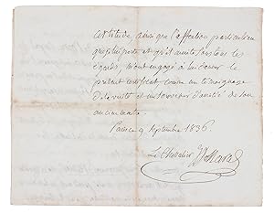 [Autograph letter, signed, of recommendation for Louis Bresnier].Paris, 9 September 1836. Folio (...