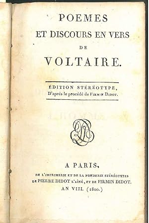 Poemes et discours en vers de Voltaire. Edition stéréotype
