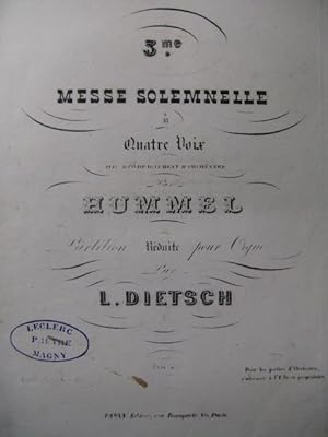 HUMMEL J. N. 3e Messe Solemnelle Chant Orgue XIXe