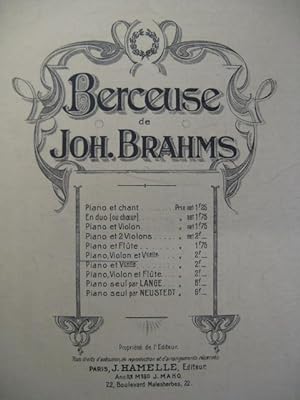 BRAHMS Johannes Berceuse Piano Violon Violoncelle 1909