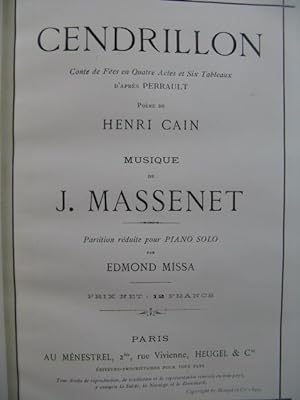 MASSENET Jules Cendrillon Opéra Piano solo 1899?