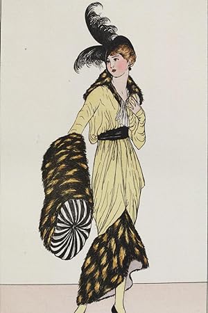Costumes parisiens. Robe de satin topaze garnie de léopard. Manchon aussi de léopard (pl.110, Jou...