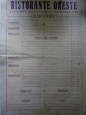 Stampato "RISTORANTE ORESTE Via Dante Alighieri, 10 FIRENZE" Anni '30