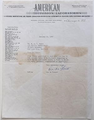Typed Letter Signed on scarce "American Television Laboratories" letterhead