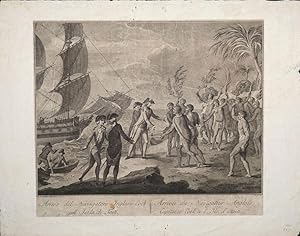 Arrivo del navigatore inglese Cook all'isola di Taiti. Arrivee du navigateur anglois Capitaine Co...