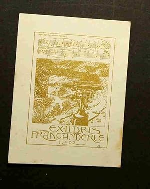 Ex Libris für Franc Anderle. Motiv: Stählerne Eisenbahnbrücke über einem Flüßchen, vorne rechts F...
