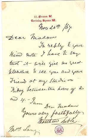 Autograph Letter Signed to Mrs Lang, (Matthew, 1818-1876, Portrait Sculptor)