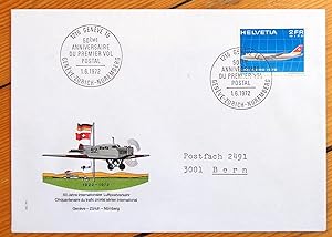 Cinquantenaire du trafic postal aérien. Genève-Zürich-Nürnberg. Enveloppe commémorative