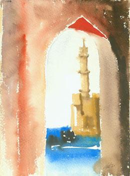 Untitled Watercolor. (Lighthouse Tower beyond archway).