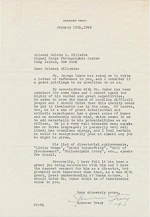 Typed Letter SIGNED on behalf of George Cukor, 4to on personal printed stationery, n.p., January ...