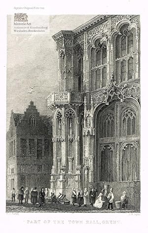 Part of the Town Hall, Ghent. Prachtvolle gothische Eingangsfassade des Rathauses von Gent mit Ma...