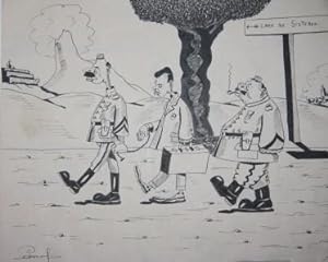 Album of Nine Original Pen-and-Ink Cartoons Depicting Life at a Vichy France Prison Camp for Poli...
