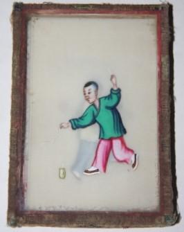 Box of Seven Chinese Watercolor Cards on Pith Paper Depicting Kites and Children Playing