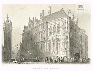 Town Hall, Ghent. Ansicht des Rathauses von Gent mit vielen Personen auf der Straße. Stahlstich v...