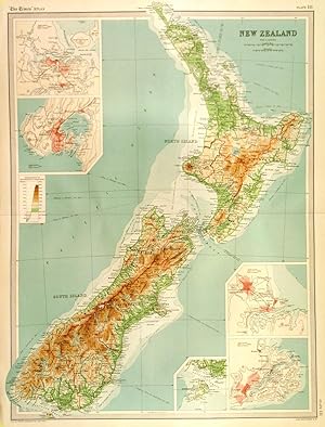 NEW ZEALAND. Detailed map of New Zealand with four inset plans of the harbours and environs of ...