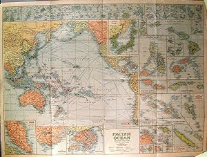 MAP OF THE PACIFIC OCEAN. Large folding detailed map, with inset maps of the Malay States, Sing...