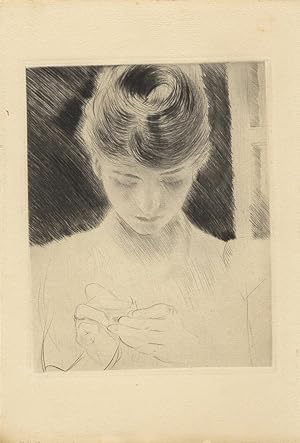 Original drypoint etching of Alice Helleu sewing