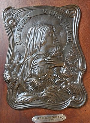 Plaque cuivre patiné Art nouveau "La vierge aux chrysanthèmes"