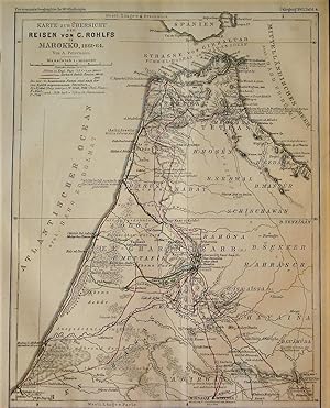 1865 Overview Map of the Trips of C. Rohlfs in Morocco, 1861-64. By A. Petermann.