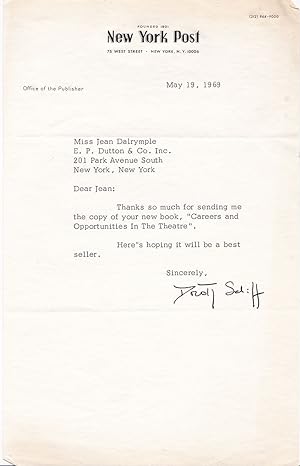 TYPED LETTER TO CITY CENTER PRODUCER JEAN DALRYMPLE SIGNED BY NEW YORK POST PUBLISHER DOROTHY SCH...