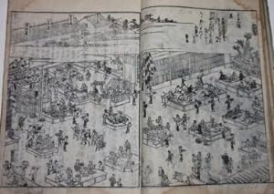 Eighteenth Century Japanese Woodblock Print Book Depicting Markets, Dutch Traders Looking at Mech...