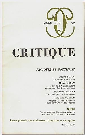 Prosodie et poétiques, Critique n° 310, tome 29, mars 1973.