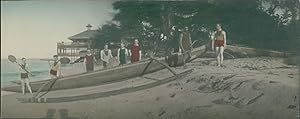 Japan, Panoramic View. Group of Europeans on the beach