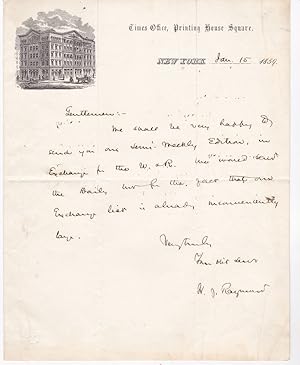 AUTOGRAPH LETTER ON PICTORIAL LETTERHEAD SIGNED BY CO-FOUNDER OF THE NEW YORK TIMES HENRY JARVIS ...