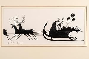 An original black and white silhouette drawing from "Christmas 1993 or Santa's Last Ride."