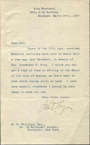 John D. Long, Secretary of the Navy, Typed Letter, Signed, (Tls) one page, (Approx. 8.75" x 5.5")...