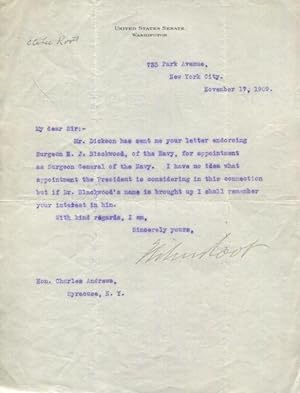 Elihu Root, as a sitting Senator, Typed Letter, Signed, (Tls) one page, (Approx. 8" x 10.5") on U...