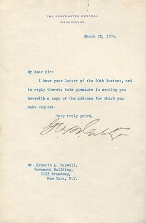 George B. Cortelyou as the Postmaster General, Typed Letter, Signed, (Tls) one page, (Approx. 8.5...